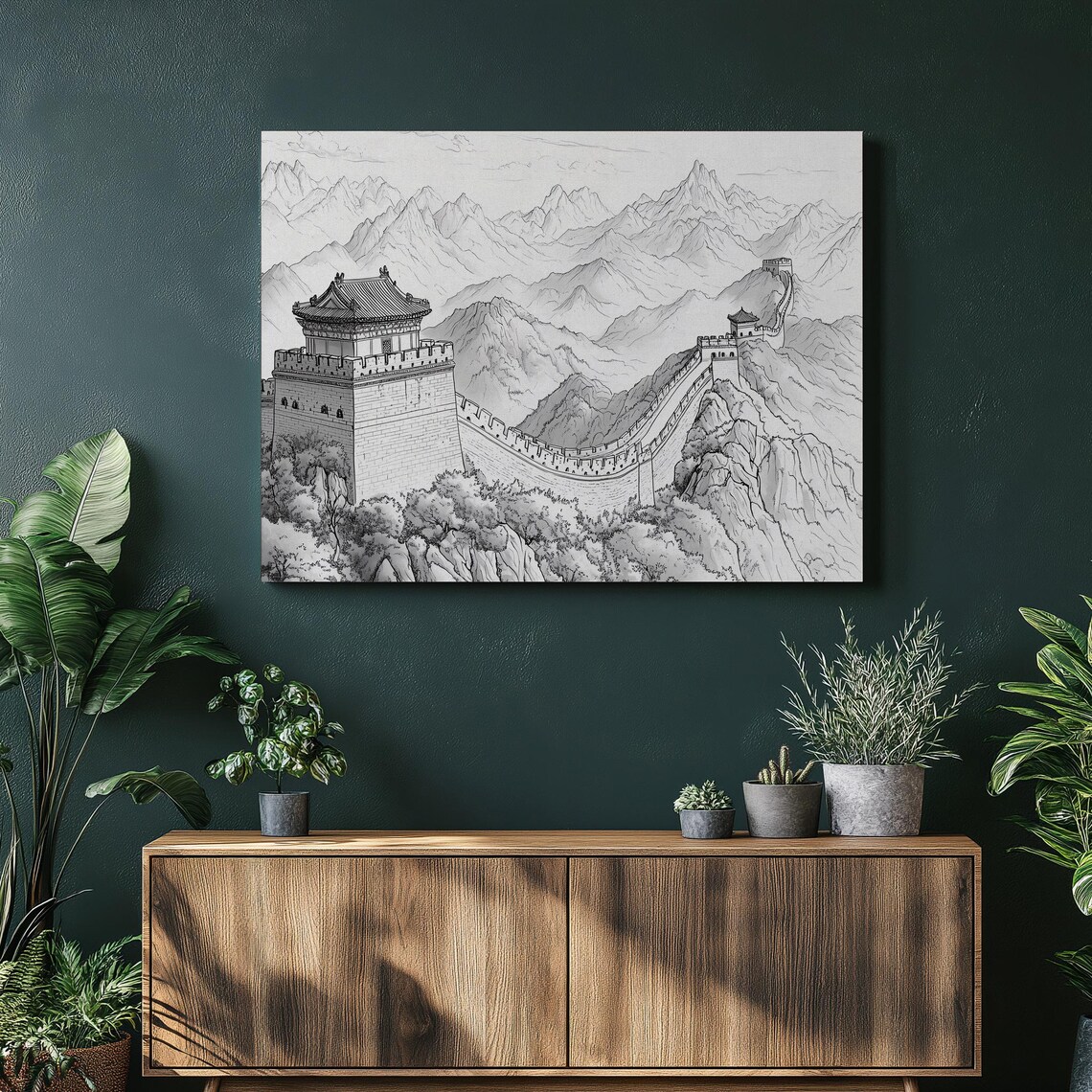 Ancient Great Wall Of China Mountain Pencil Sketch Drawing Poster
