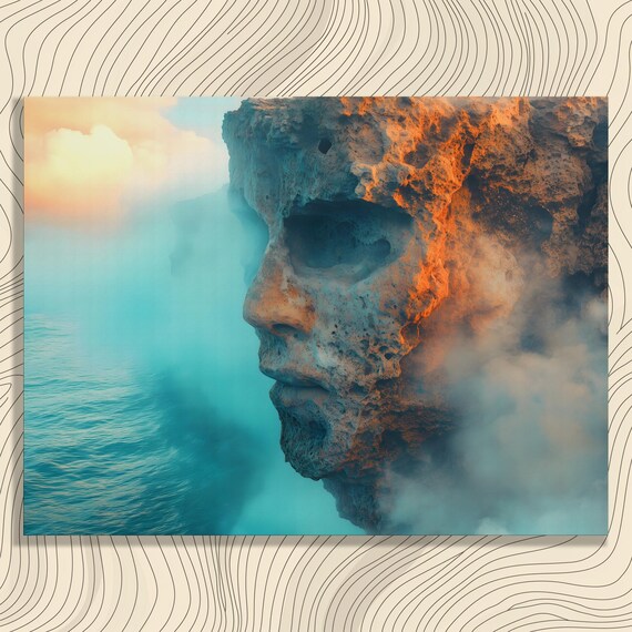 Ocean Cliff Human Face Profile Misty Seascape Surreal Art Poster