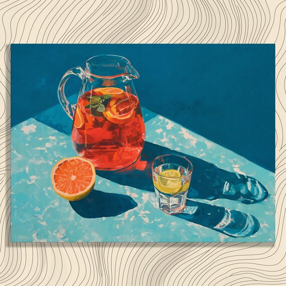 Citrus Sangria Pitcher Still Life Poster Bright Blue Summer Kitchen Decor