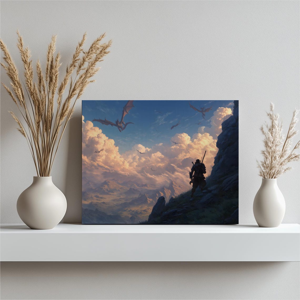 Epic Dragon Warrior Canvas Wall Art Fantasy Landscape Mountain Valley Sunset Print Vibrant Sky Decor For Lovers And Fans