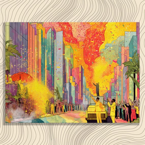 Vibrant Cityscape Canvas Wall Art Modern Cubism Parade Festival Illustration Print Decor Perfect Home Office Gift
