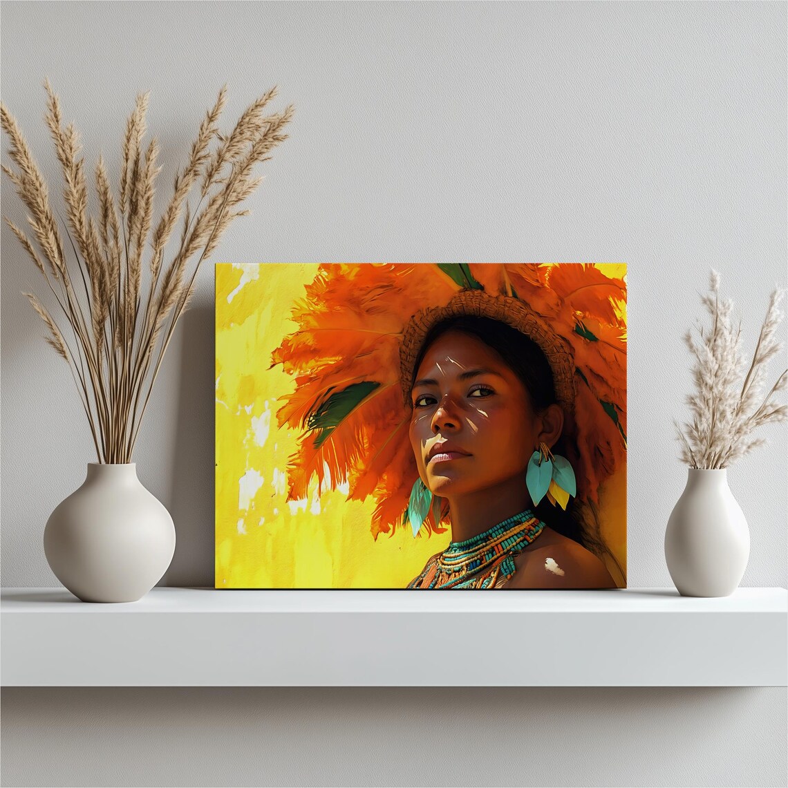 Feather Headdress Tribal Woman Portrait Vibrant Yellow Art Poster