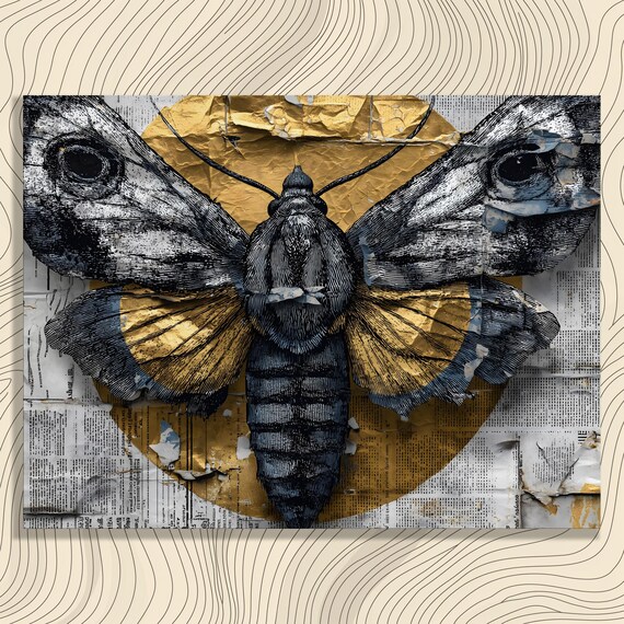Bold Gold Moth Canvas Wall Art Vintage Newspaper Collage Insect Illustration Print Modern Accent Mixed Media Decor Poster