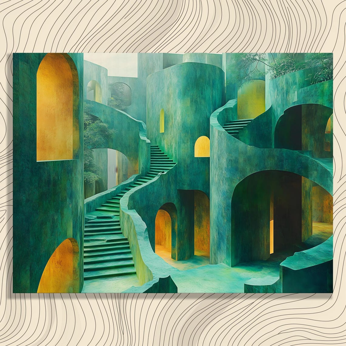 Surreal Emerald Staircase Winding Architecture Fantasy Art Poster