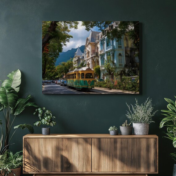 Vintage Streetcar Cityscape Canvas Wall Art Trolley Painting Urban Landscape Public Transport Historic Buildings Mountain Backdrop
