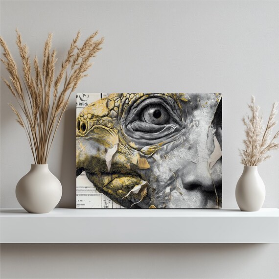 Surreal Dragon Eye Canvas Wall Art Abstract Portrait Print With Gold Leaf Accents Torn Paper Collage Modern Reptile Decor Unique Gift