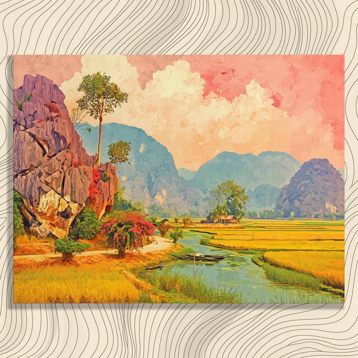 Limestone Karst Rice Paddy Valley River Boat Vibrant Landscape Poster