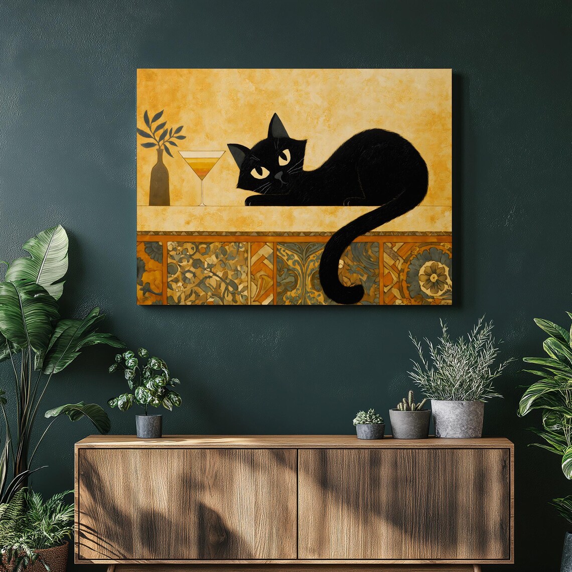Stylish Art Deco Black Cat Lounging With Cocktail Bar Counter Print