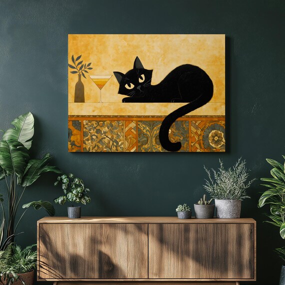 Stylish Art Deco Black Cat Lounging With Cocktail Bar Counter Print