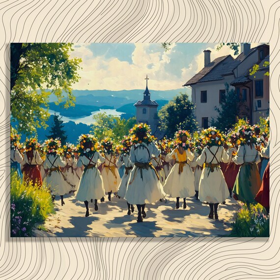 Folk Dancers Flower Crowns Village Festival Joyful Painting Poster