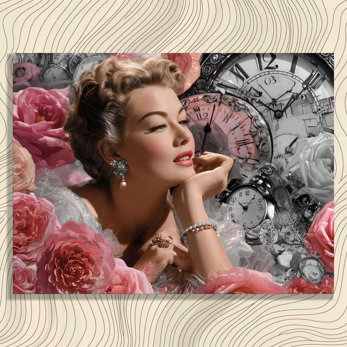 Vintage Glamour Woman Among Roses And Antique Clocks Art Print