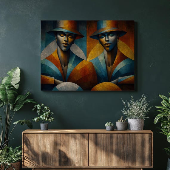 Stunning Abstract Portrait Canvas Wall Art Colorful Geometric Woman Face Illustration In Modern Cubist Style For Ethnic Home Decor Print