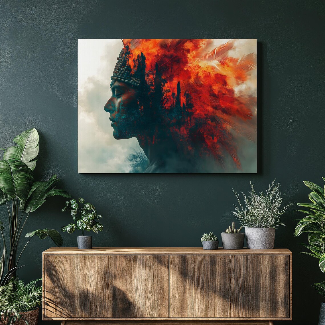 Aztec Dancer Fiery Feather Headdress Volcano Double Exposure Art Poster