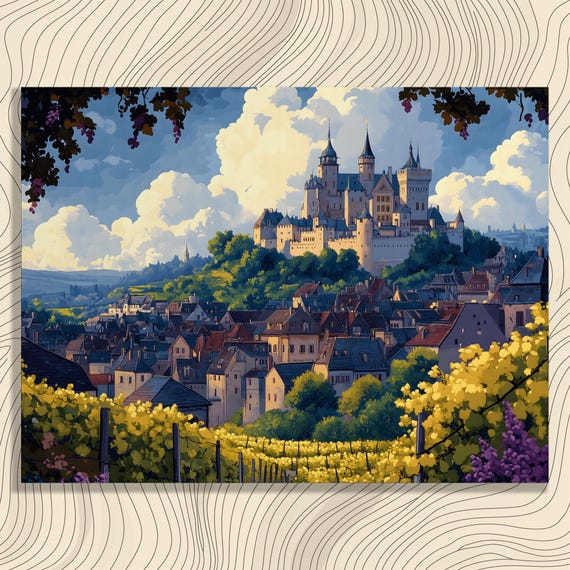 Medieval Castle Canvas Wall Art Classic Travel Landscape Print Gothic Architecture Painting Picturesque Vineyard Scenery Poster