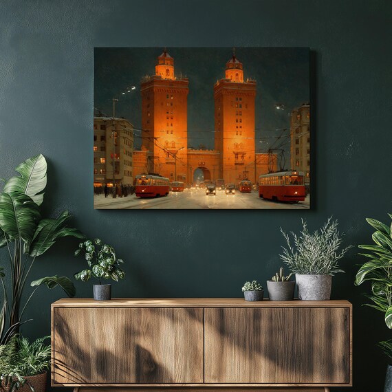 Winter Cityscape Tram Canvas Wall Art Night Urban Painting Print Snowy Street Decor Red Trams Twin Towers City Lights