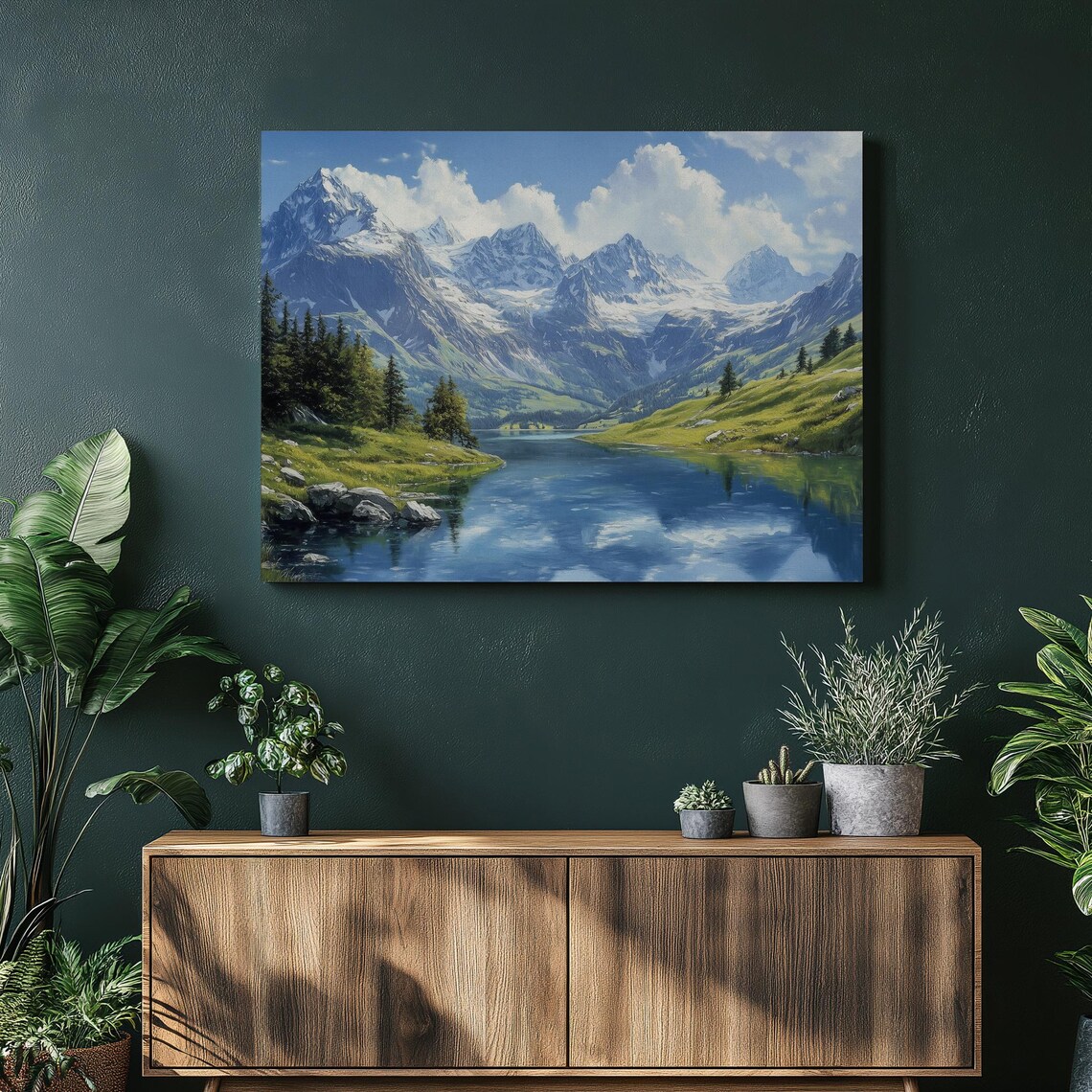 Swiss Alps Snowy Peaks Mountain Lake Landscape Painting Poster