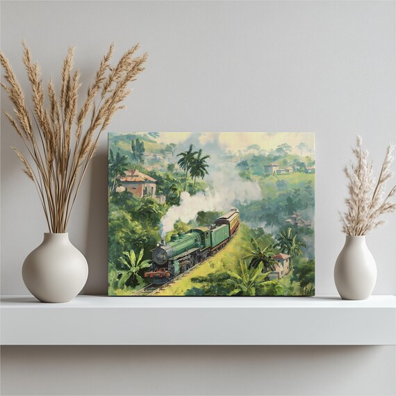 Vintage Steam Train Through Tropical Rainforest Village Painting Print