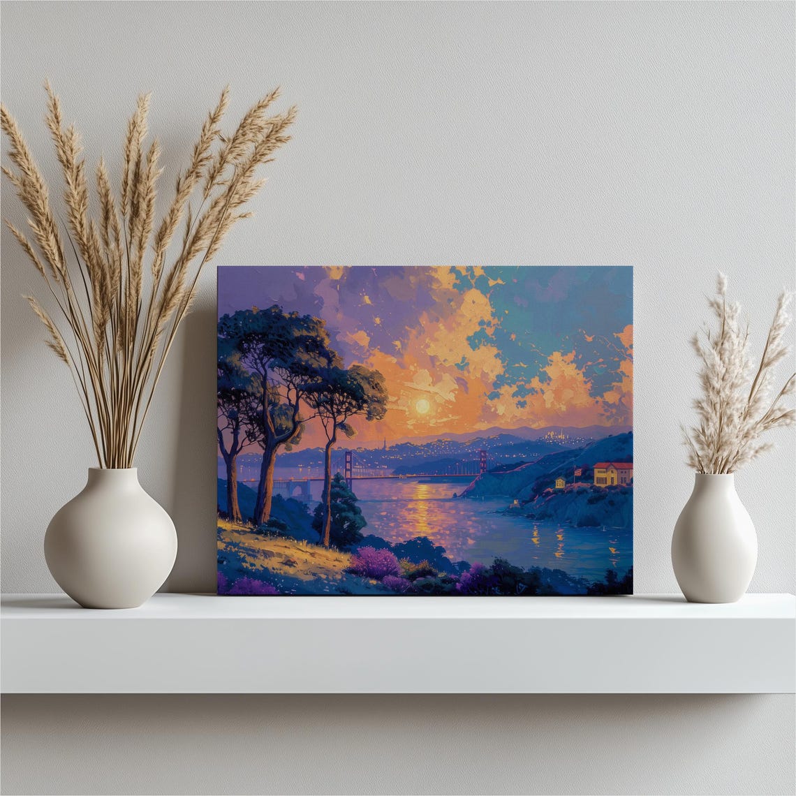 Coastal Bay Bridge Sunset Cypress Hillside Colorful Sky Art Poster