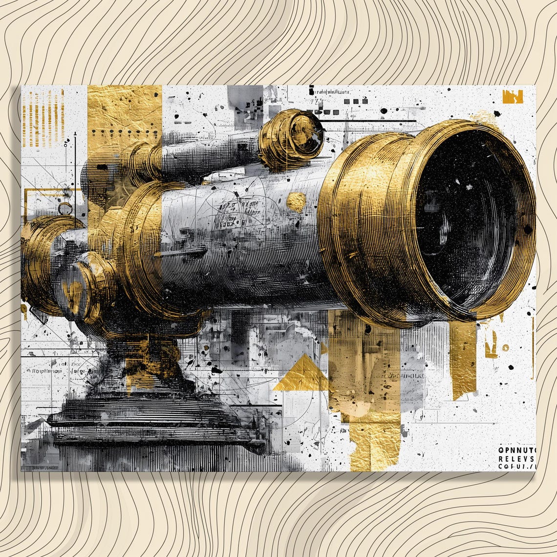 Telescope Canvas Wall Art Vintage Brass Astronomy Print Steampunk Decor Black And Gold Abstract Painting Mixed Media Nautical Science Gift