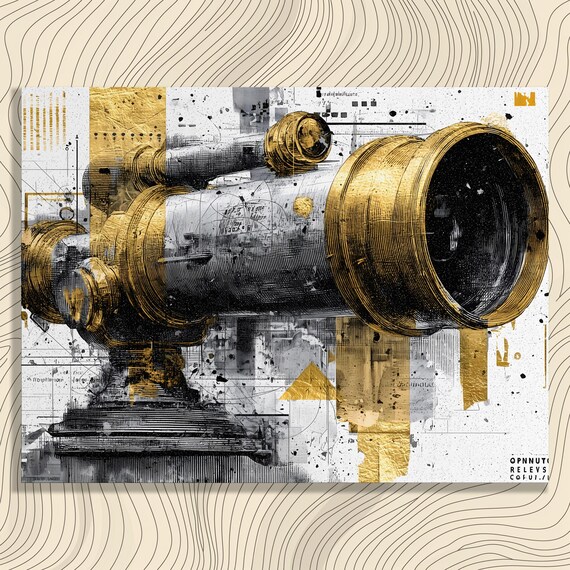 Telescope Canvas Wall Art Vintage Brass Astronomy Print Steampunk Decor Black And Gold Abstract Painting Mixed Media Nautical Science Gift