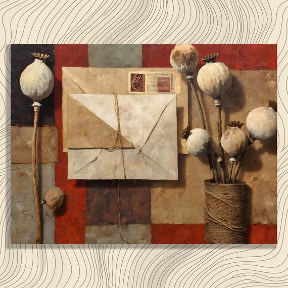Vintage Still Life Canvas Wall Art Rustic Farmhouse Decor Botanical Print Dried Flower Painting Poppy Pods Postage Stamps Gift
