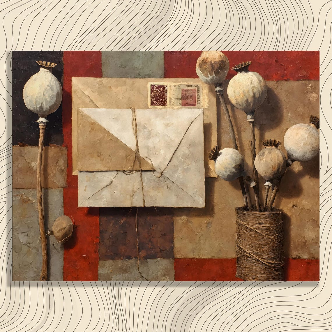Vintage Envelopes Poppy Pods Rustic Still Life Canvas Wall Art