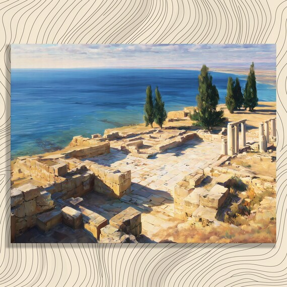 Ancient Coastal Ruins Stone Columns Blue Sea Mediterranean Oil Print