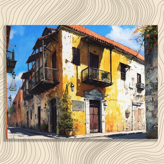 Mediterranean Street Canvas Wall Art Rustic Yellow Balcony Building Cobblestone Urban Landscape Historic Coastal Charm Print