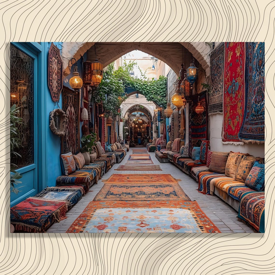 Vibrant Alleyway Bohemian Rugs Lanterns Colorful Cafe Poster