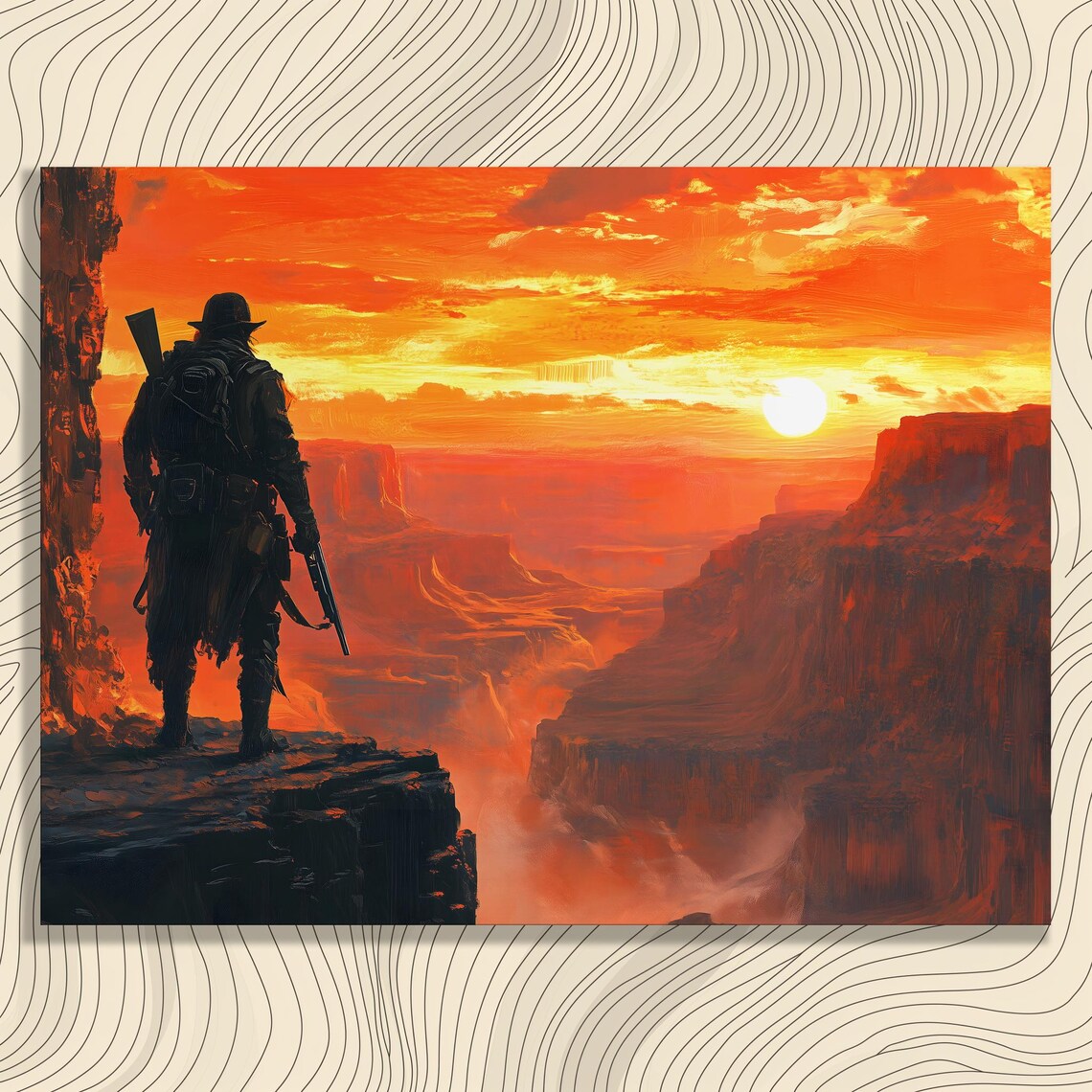 Lone Cowboy Silhouette Red Canyon Sunset Western Painting Poster