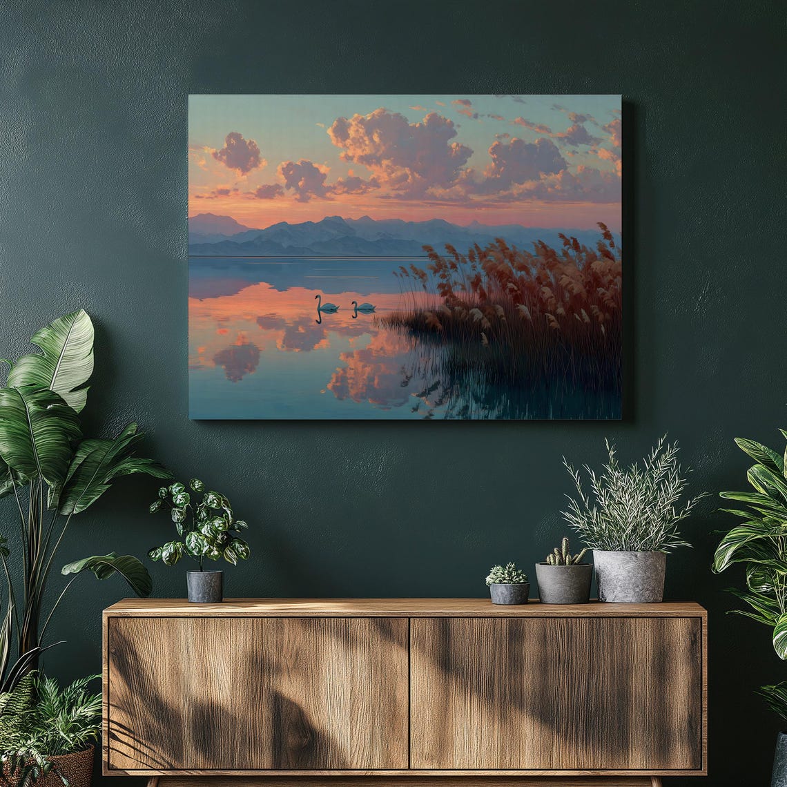 Serene Sunset Lake Swans Mountain Reflection Landscape Art Poster
