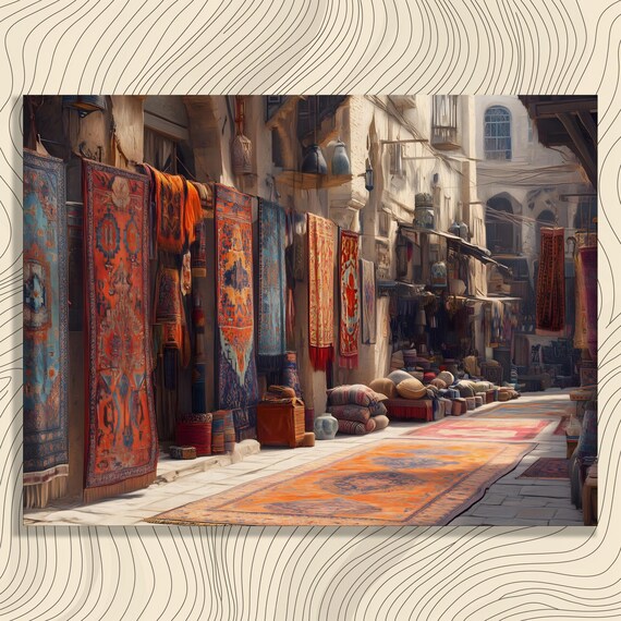 Colorful Rug Bazaar Old Town Street Market Impressionist Painting Poster