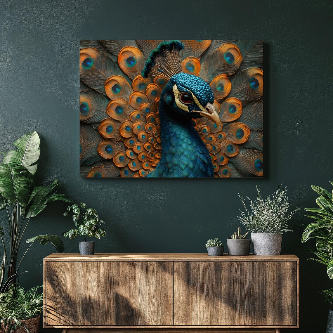 Peacock Fanned Tail Portrait Teal Gold Feathers Detailed Bird Wall Art