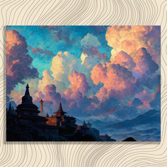 Colorful Temple Landscape Canvas Wall Art Sunset Sky Clouds Over Mountain Valley City Lights Contemporary Decor Print