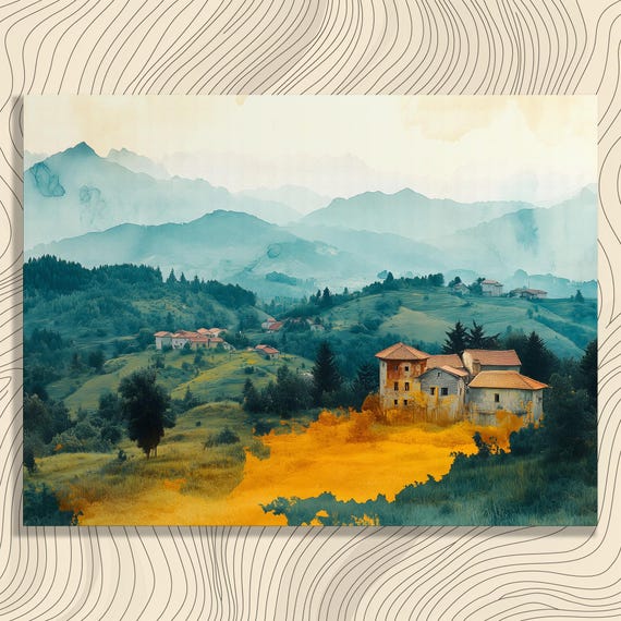 Serene Landscape Canvas Wall Art Watercolor Hills Illustration Rustic Cabin Painting Countryside Prints Decor Gift For Nature Lovers