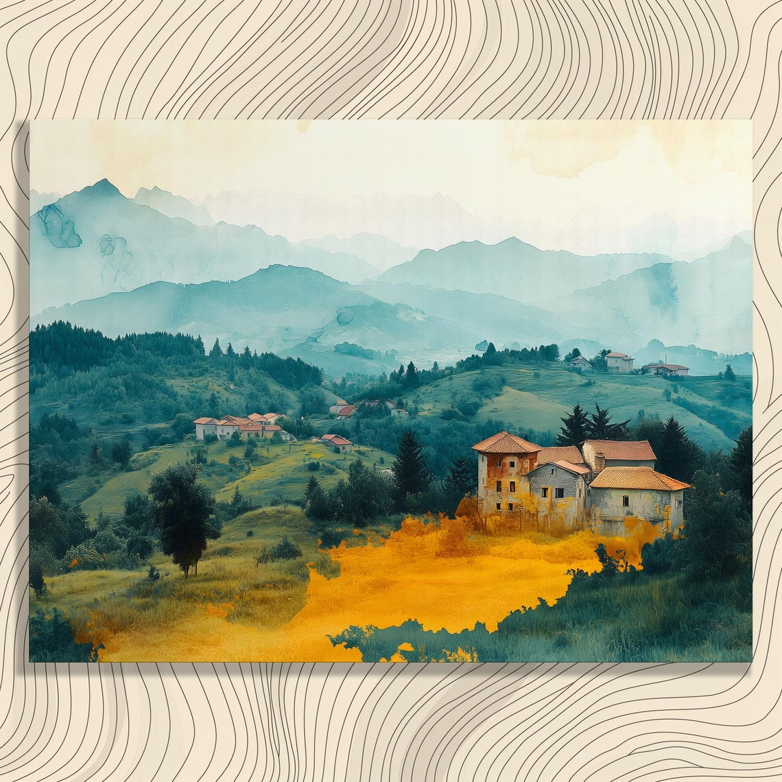 Golden Field Hillside Village Watercolor Mountain View Poster