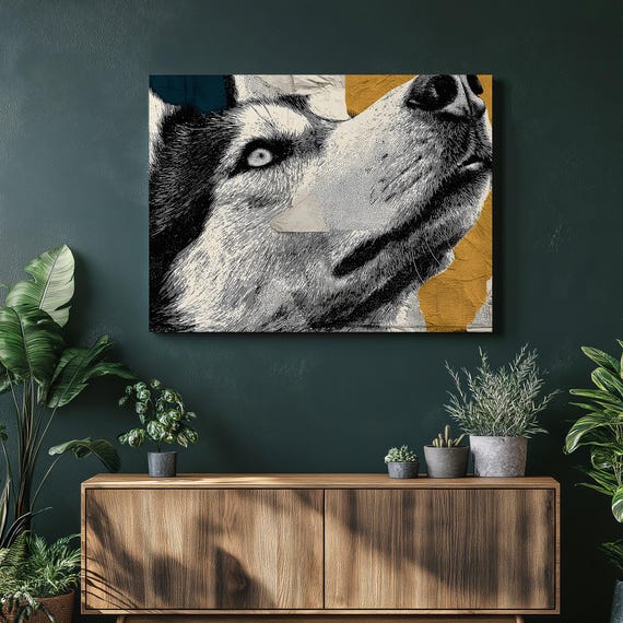 Husky Dog Portrait Canvas Wall Art Modern Pointillism Black And White Pet Illustration Teal Yellow Collage Print Animal Decor