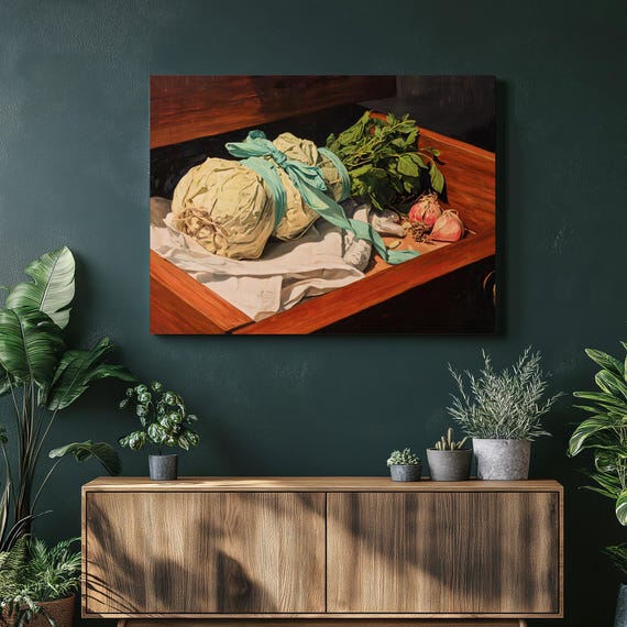 Vibrant Cabbage Canvas Wall Art Rustic Vegetable Still Life Print With Herbs And Shallot Vintage Farmhouse Decor Painting