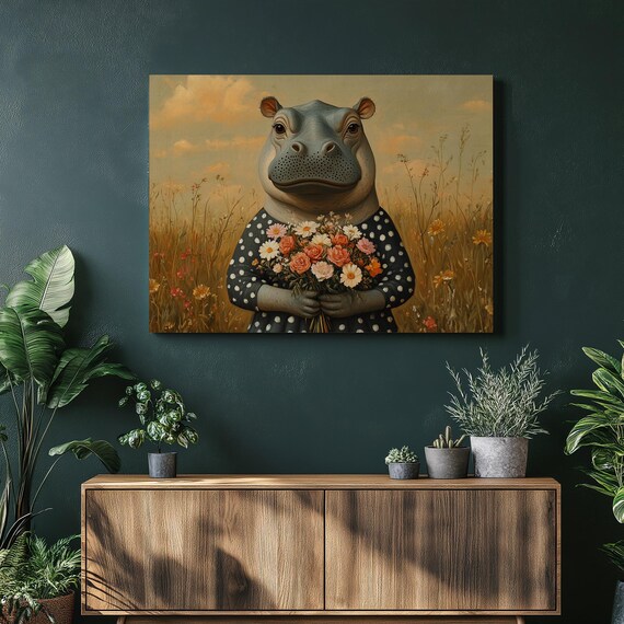 Whimsical Hippo Canvas Wall Art Painting Colorful Polka Dot In Flower Field Print For Home Decor Unique Gift Animal Lovers