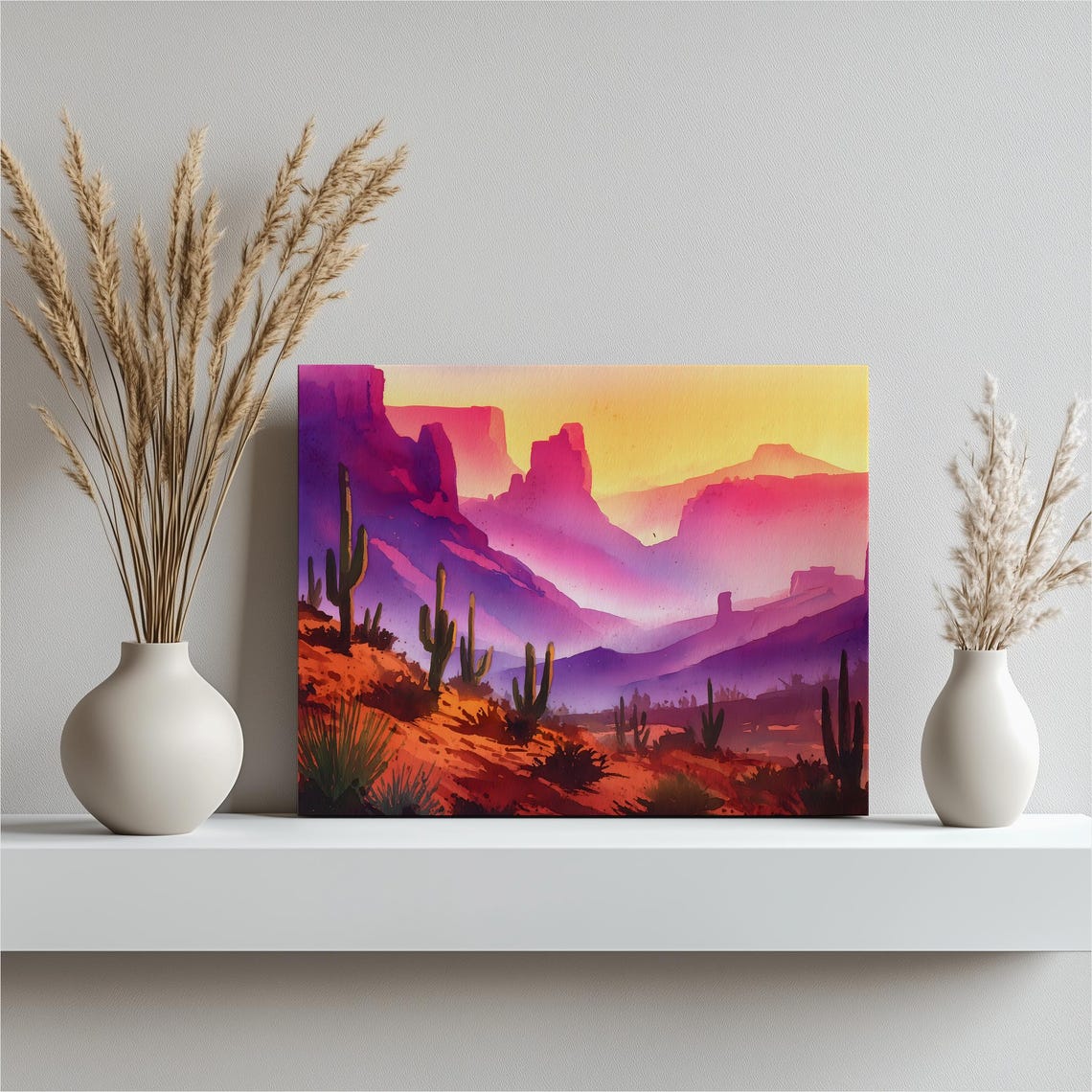 Desert Sunset Saguaro Cactus Mesas Watercolor Canvas Wall Art