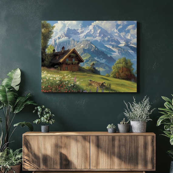 Switzerland Travel Poster, Swiss Alps and Chalets