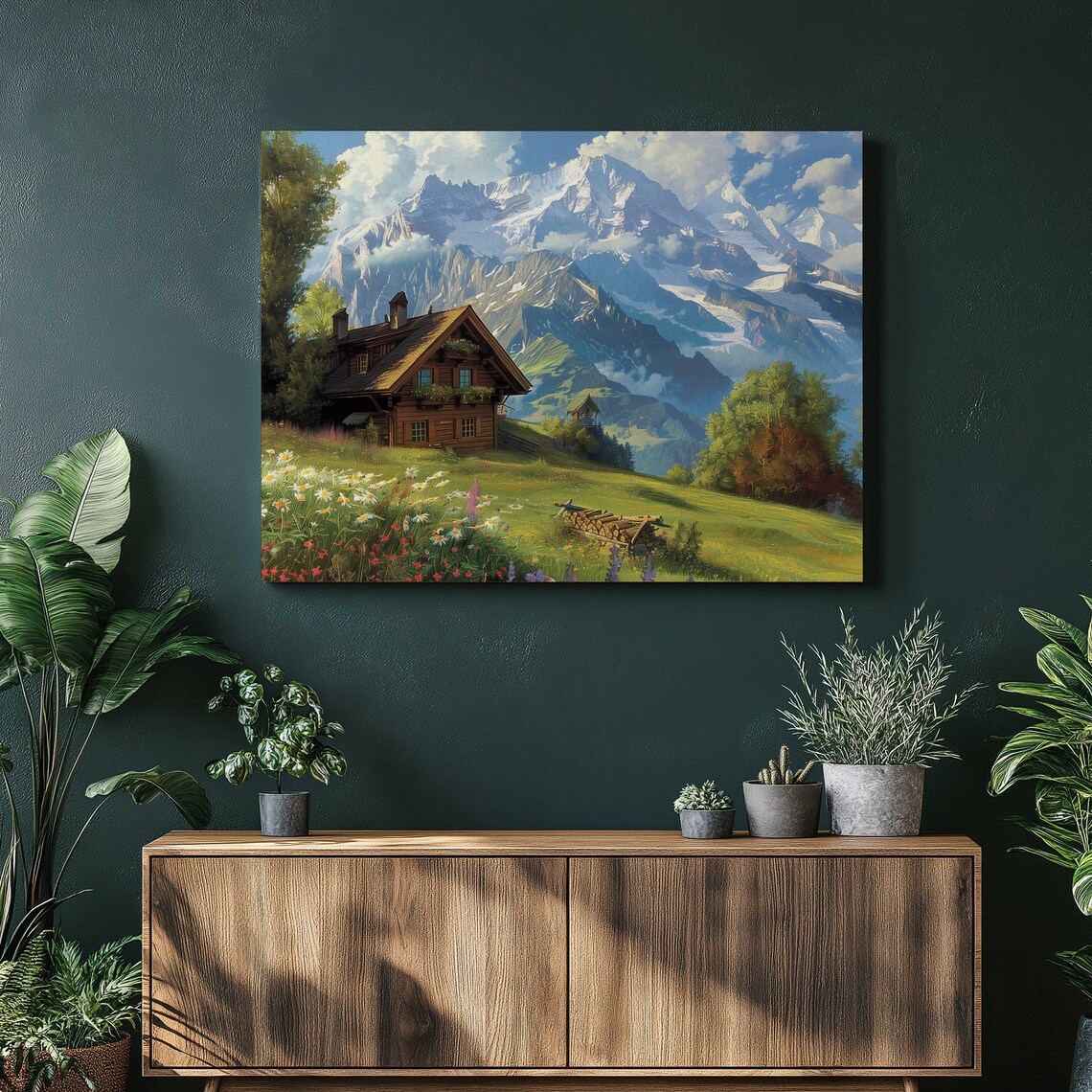 Switzerland Travel Poster, Swiss Alps and Chalets