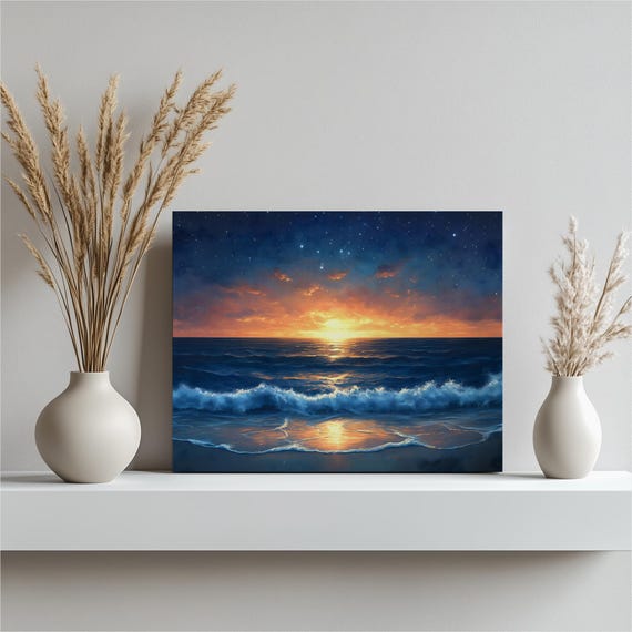 Ocean Sunset Canvas Wall Art Serene Starry Beach Waves Seascape Calming Coastal Horizon Scene For Relaxing Home Decor And Office Spaces