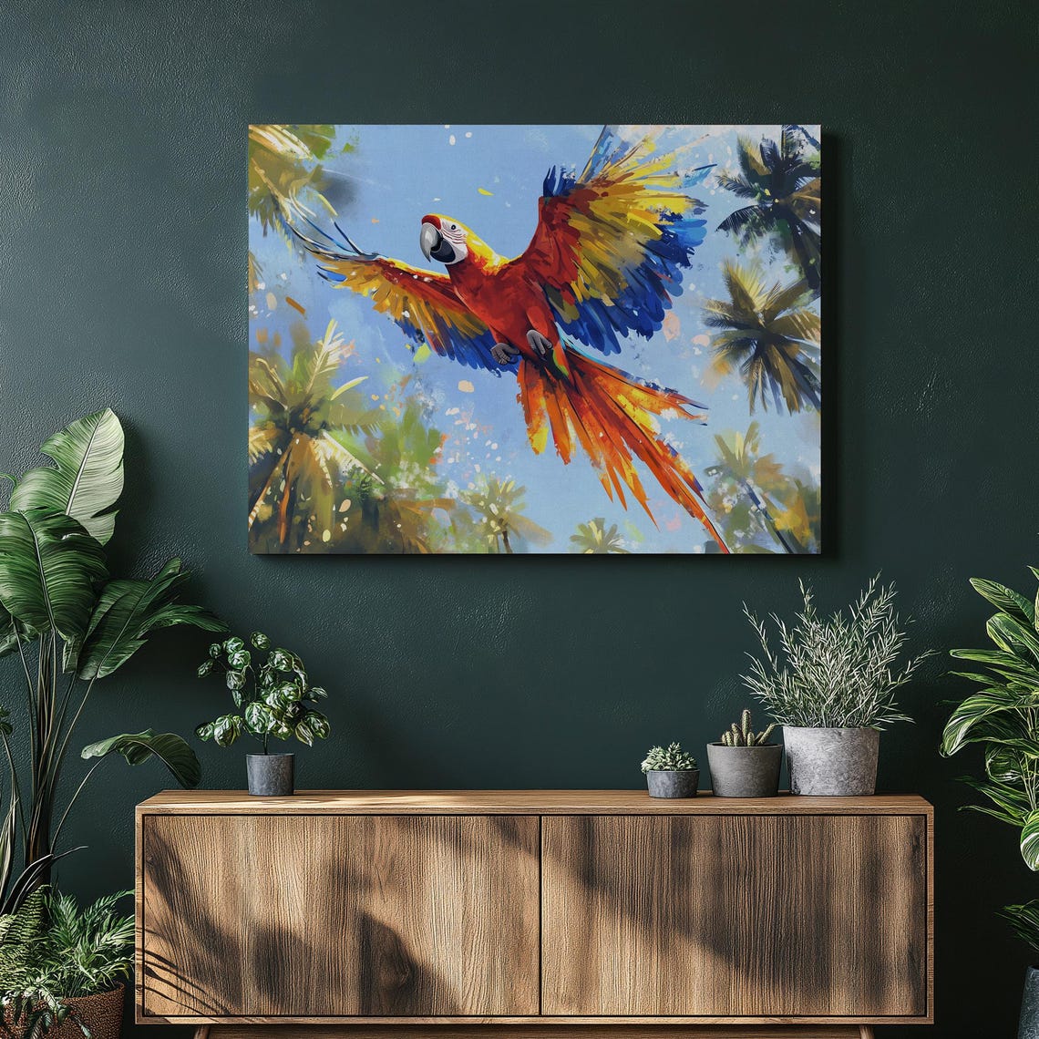 Scarlet Macaw in Flight Above Palm Trees Tropical Sky Bird Poster
