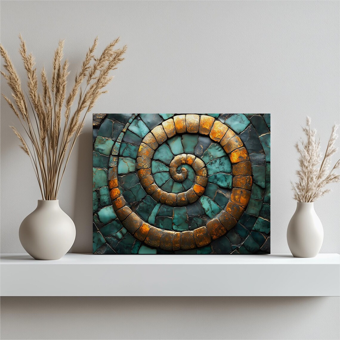Turquoise Spiral Mosaic Canvas Wall Art Geometric Teal Bronze Texture Abstract Stone Pattern Concentric Swirl Medallion Design For Decor