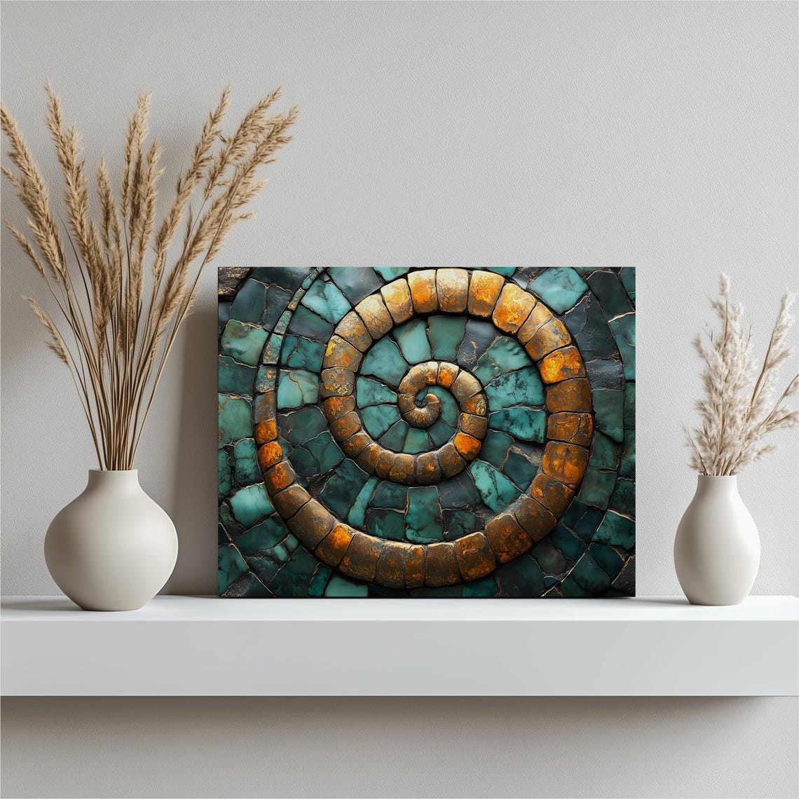 Turquoise Spiral Mosaic Nautilus Shell Teal Bronze Abstract Wall Art