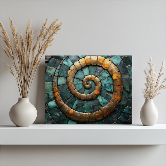 Turquoise Spiral Mosaic Canvas Wall Art Geometric Teal Bronze Texture Abstract Stone Pattern Concentric Swirl Medallion Design For Decor