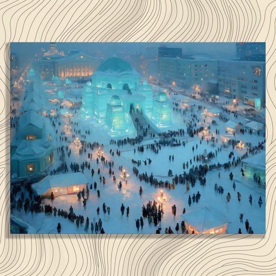 Ice Castle Night Canvas Wall Art Modern Cityscape Print With Festive Urban Square Snowy Lights Holiday Home Decor Skyline Artwork