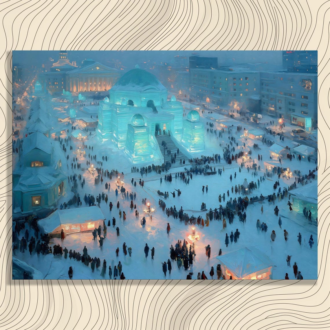Ice Castle Night Canvas Wall Art Modern Cityscape Print With Festive Urban Square Snowy Lights Holiday Home Decor Skyline Artwork