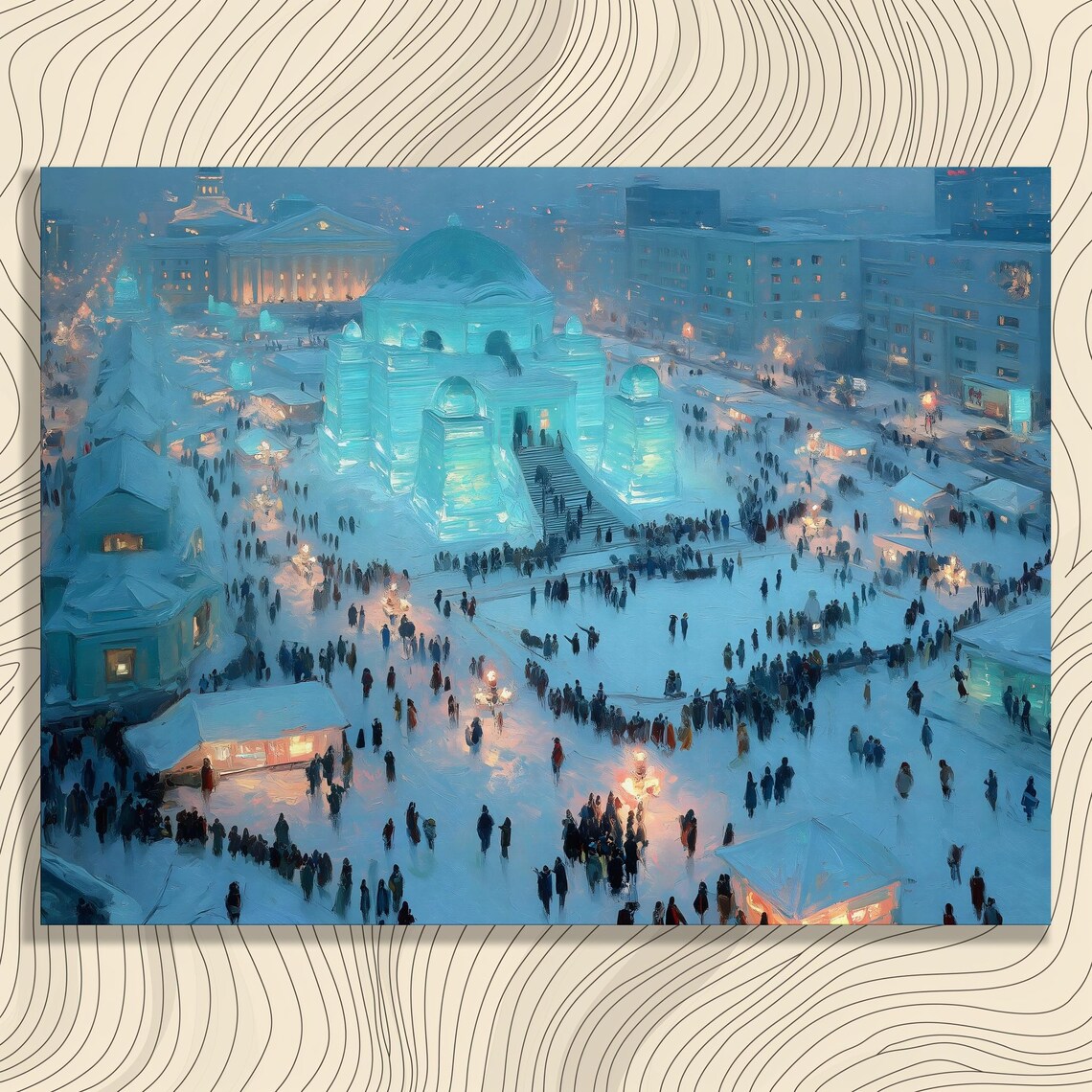 Ice Palace Snow City Night Crowded Winter Market Glowing Art Poster